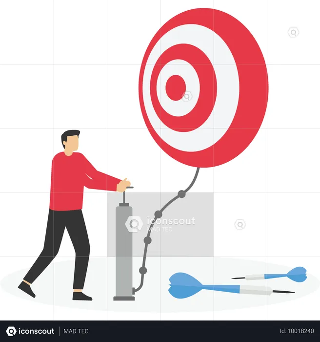 Un homme gonfle un ballon en forme de fléchettes et le fait flotter plus haut  Illustration