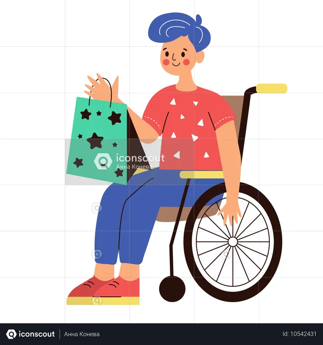 Homme handicapé avec un client en fauteuil roulant en train de faire ses courses  Illustration