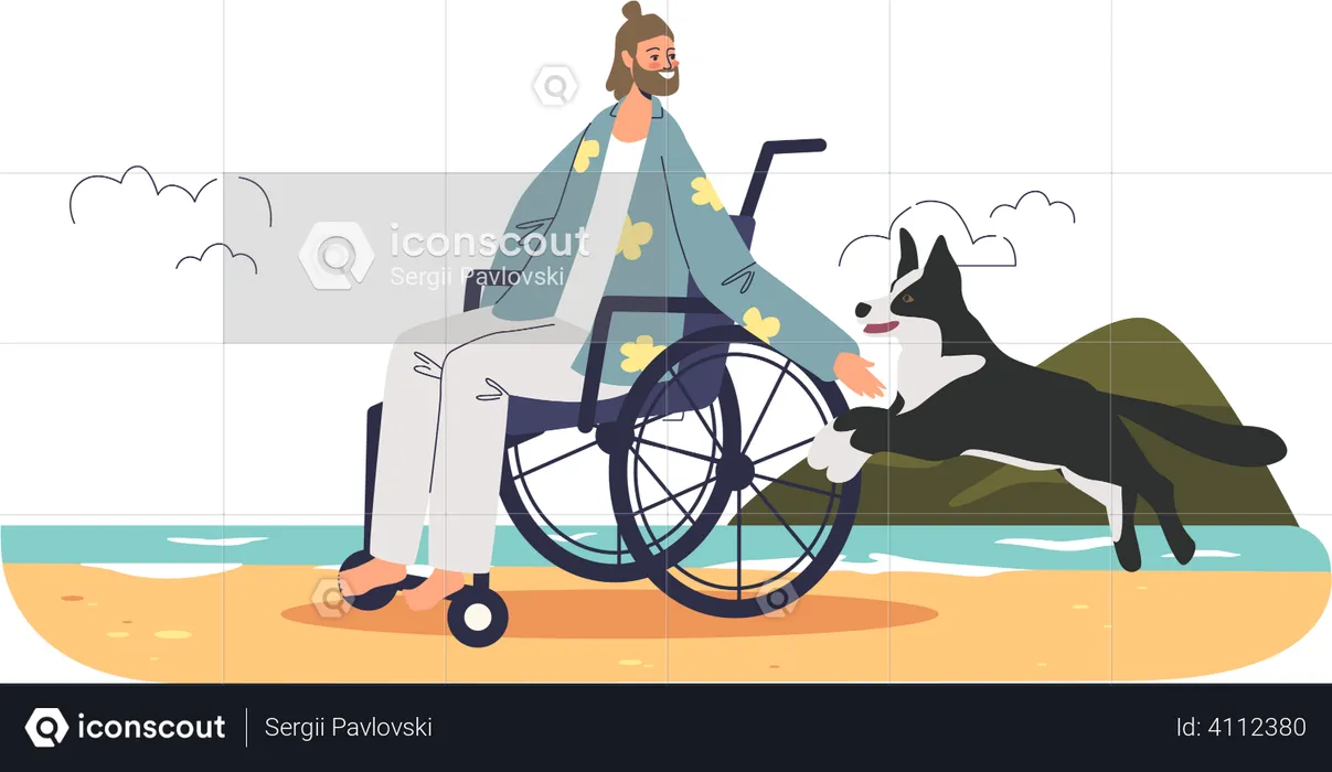 Homme handicapé en fauteuil roulant jouant avec un chien  Illustration