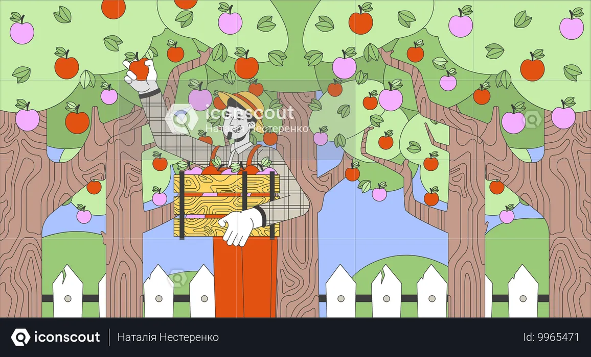 Heureux homme cueillant des pommes dans le jardin  Illustration