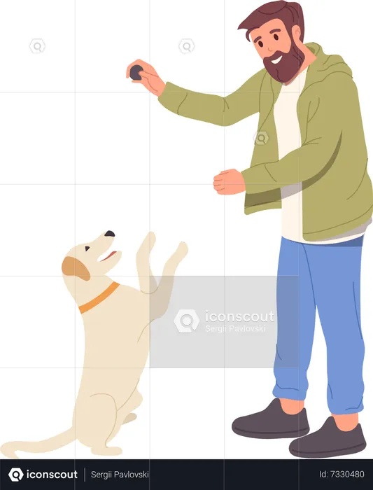 Homme heureux jouant au chien avec une balle, passant du temps avec un ami à l'extérieur  Illustration