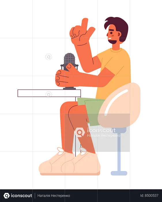 Homme hispanique barbu parlant dans un podcast micro  Illustration