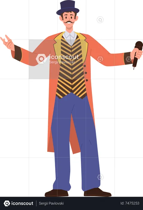 Personnage d'artiste en costume de scène festif annonçant le prochain numéro de cirque avec microphone  Illustration