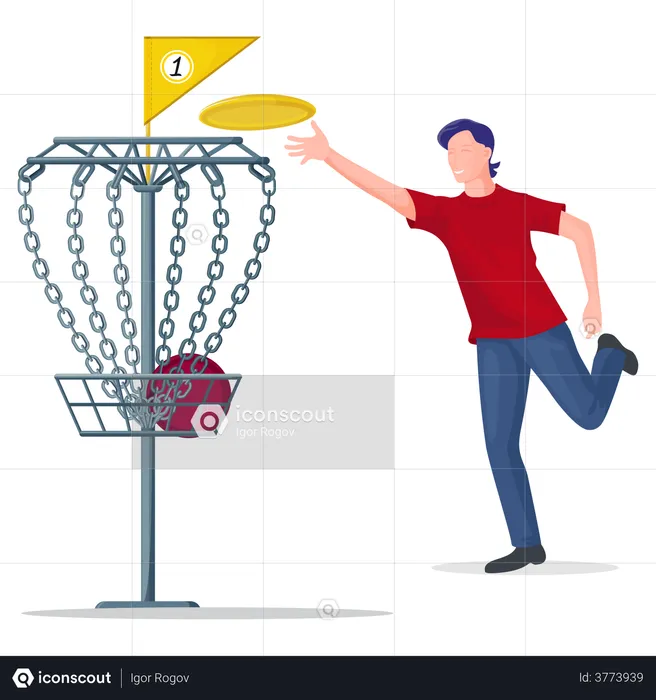 Homme jetant un disque de frisbee au panier  Illustration