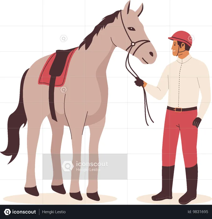 Homme jockey avec cheval de course  Illustration