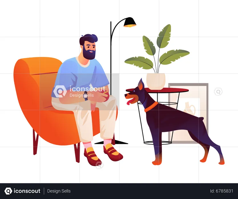 Homme jouant avec un chien à la maison  Illustration