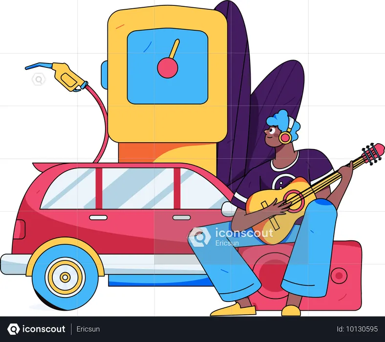 Un homme joue de la guitare dans une station-service  Illustration