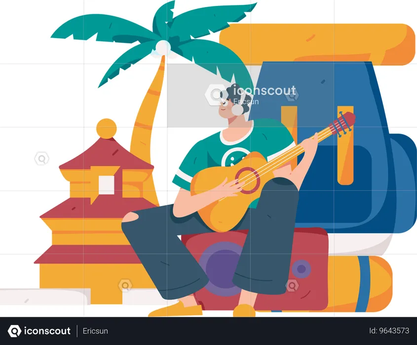 Homme jouant de la guitare sur un terrain de camping  Illustration