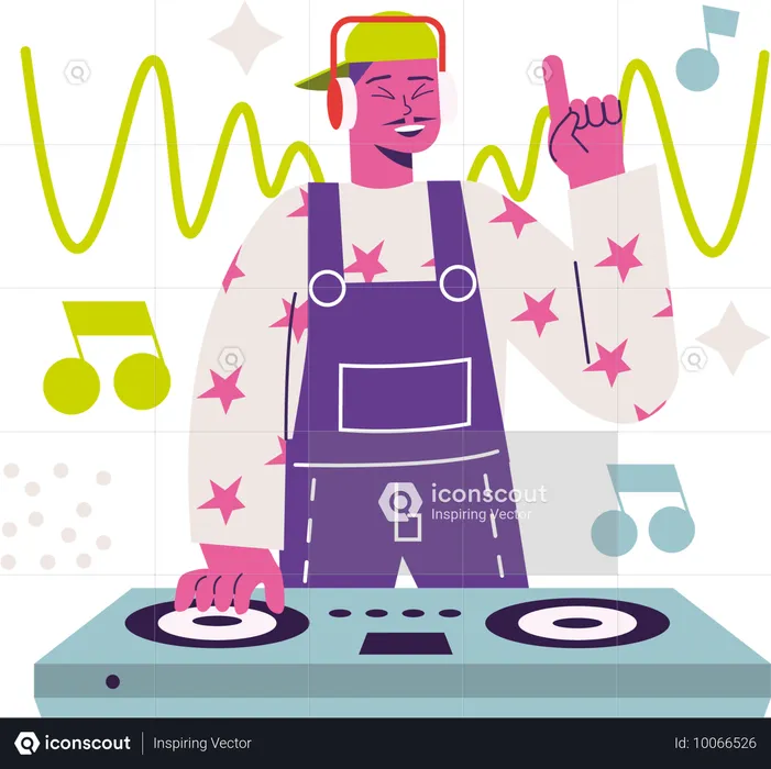 Homme jouant le DJ dans une soirée musicale  Illustration