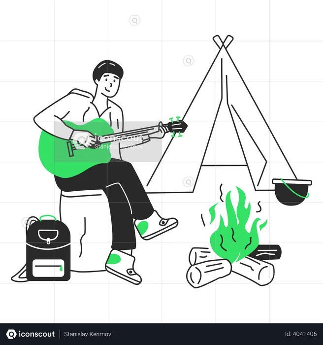 L'homme joue de la guitare près du feu  Illustration