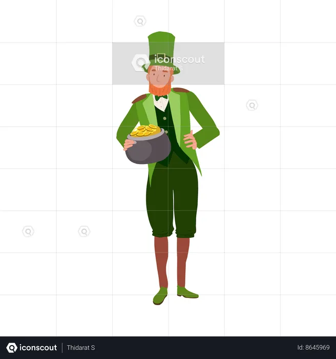 Homme joyeux en costume de lutin avec pot d'or  Illustration