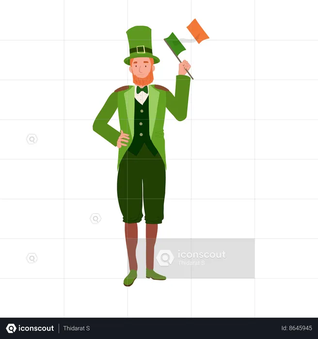 Homme joyeux en costume de lutin tenant le drapeau irlandais  Illustration