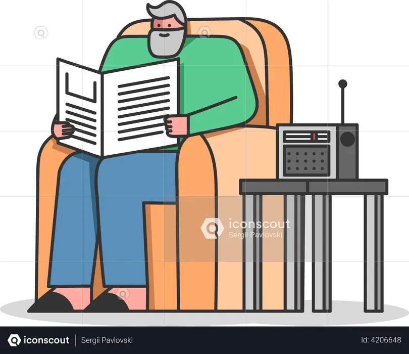 Homme lisant le journal assis sur un fauteuil  Illustration