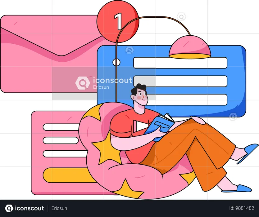 Homme lisant un rapport tout en recevant une notification par courrier  Illustration