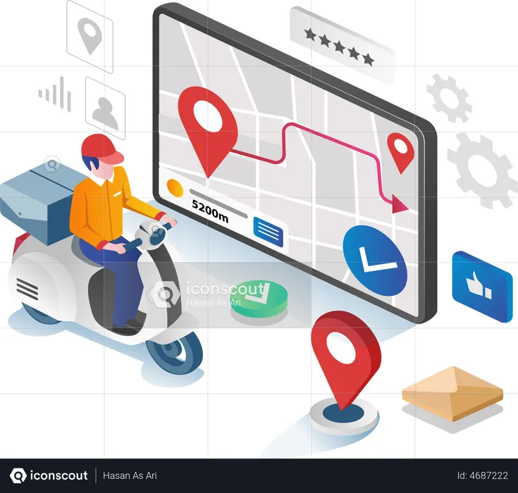 Homme livrant un colis avec les directions de l'application GPS  Illustration