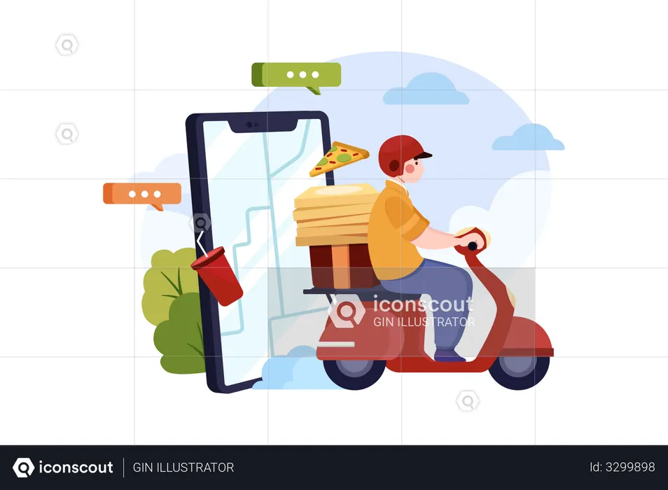 Un homme livre une commande de nourriture dans une application en moto  Illustration