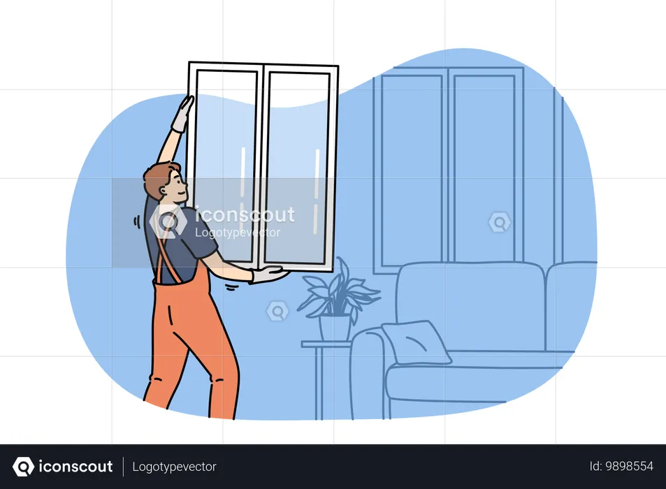 Homme maître changeant de fenêtre dans l'appartement tenant le battant dans les mains debout près du canapé  Illustration