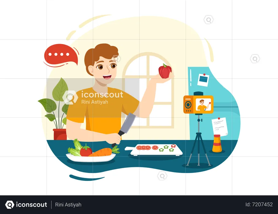 Un homme qui crée un blog de cuisine  Illustration