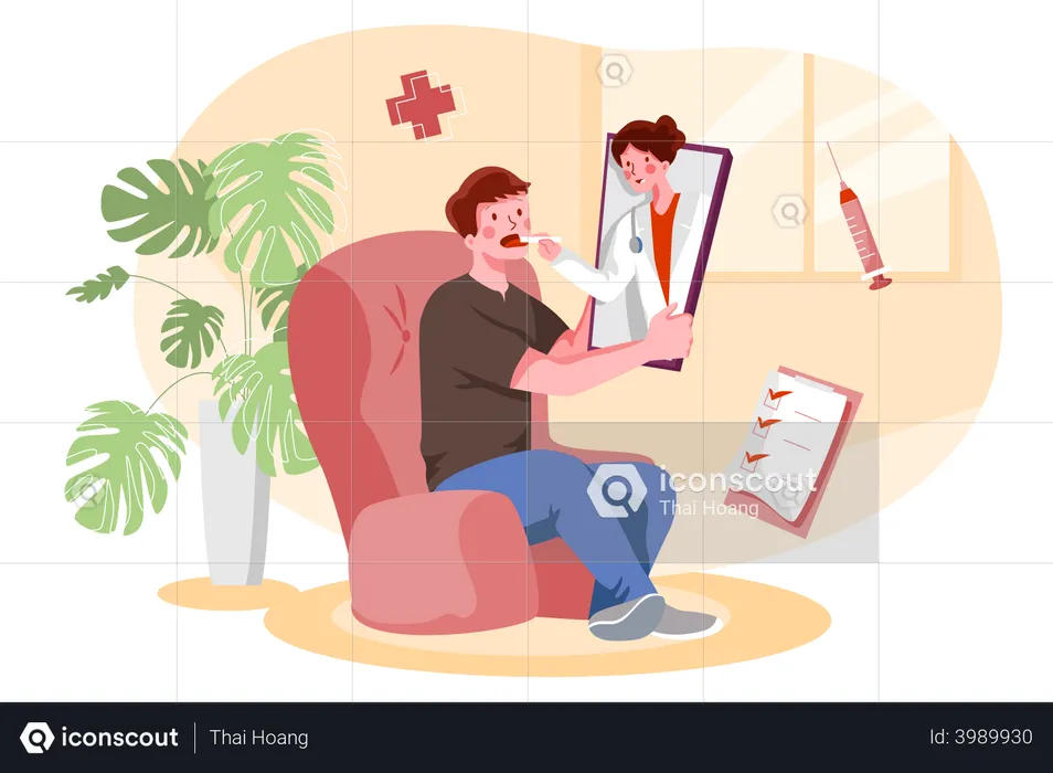 Homme malade prenant une consultation de santé en ligne  Illustration