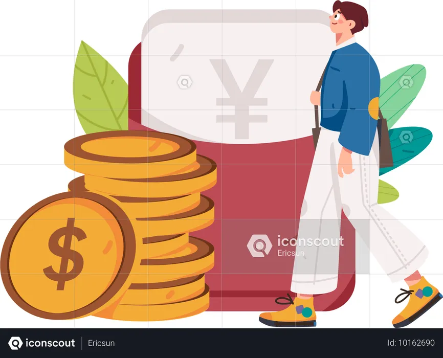 Un homme marche en regardant la couverture du yen  Illustration