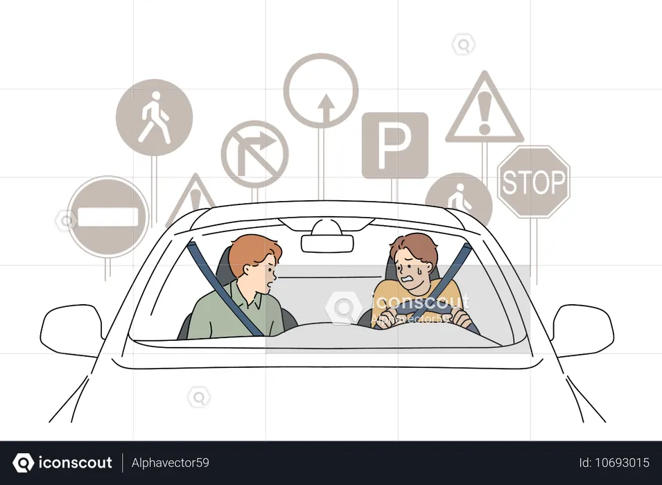 Un homme est un mauvais conducteur et panique au volant de sa voiture et ne comprend pas les panneaux de signalisation en raison d'un système nerveux faible.  Illustration