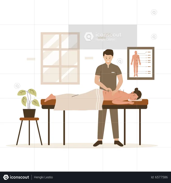 Médecin de sexe masculin donnant un traitement d'acupuncture à une femme  Illustration