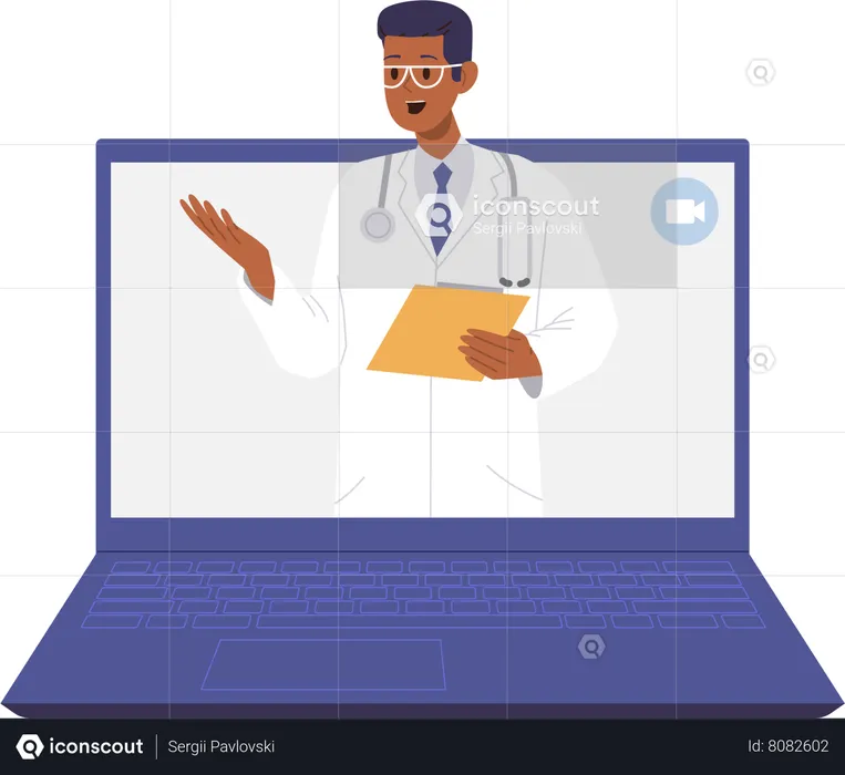 Homme médecin donnant une consultation médicale sur Internet à partir d'un ordinateur portable  Illustration