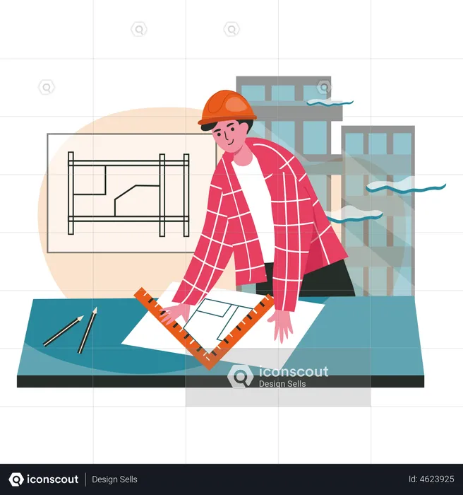 Homme mesurant le plan du bâtiment  Illustration