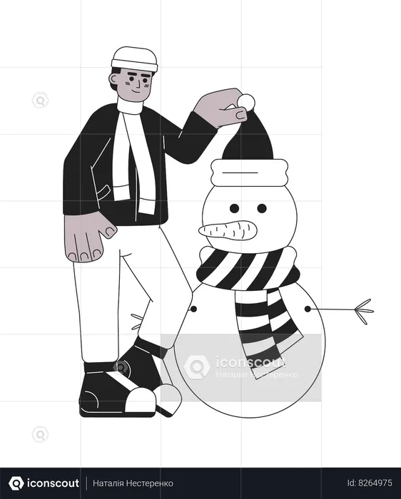 Homme mettant le bonnet de Noel sur la tête de bonhomme de neige  Illustration