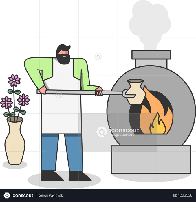 Homme mettant un pot d'argile dans un brûleur à feu  Illustration