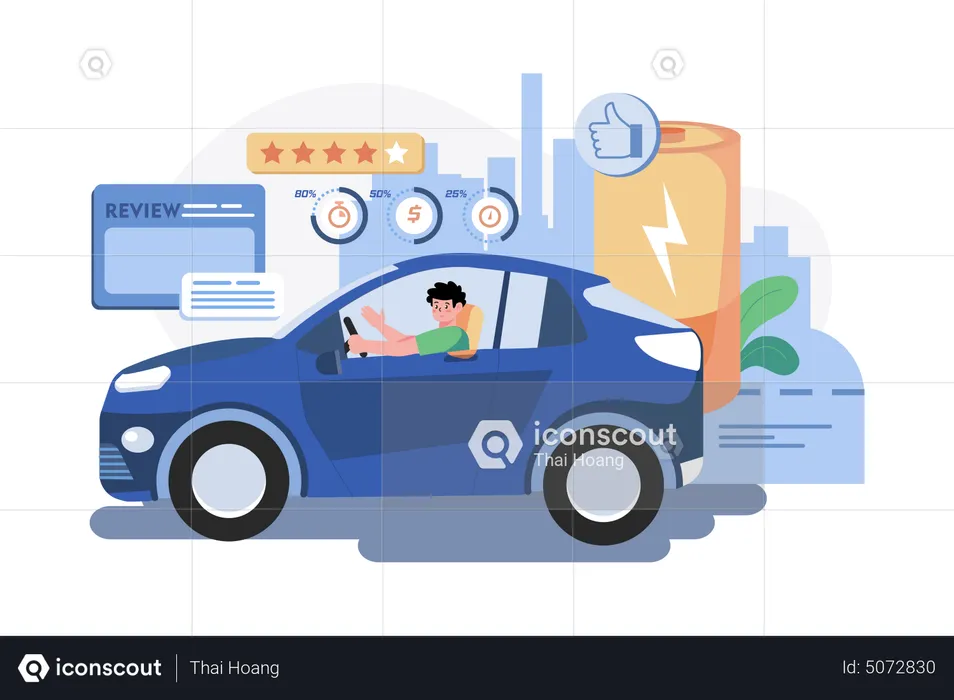 Homme chevauchant un véhicule électronique et donnant un avis  Illustration