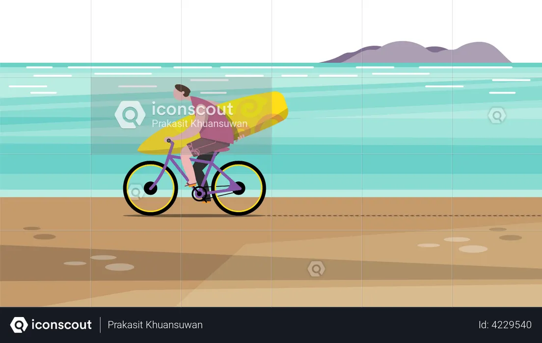 L'homme monte un vélo transportant une planche de surf à la plage  Illustration