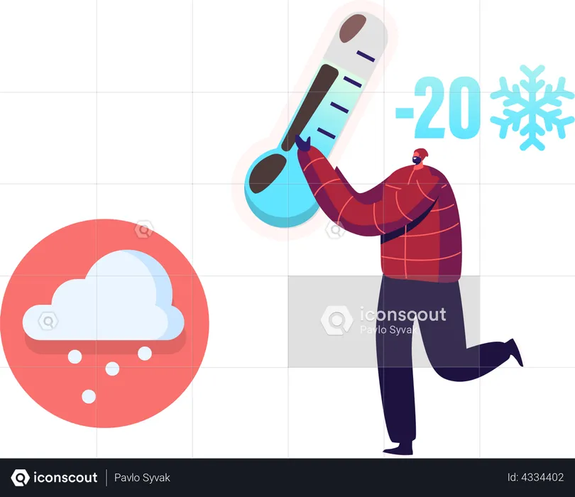 Homme montrant la température de congélation à l'aide d'un thermomètre  Illustration