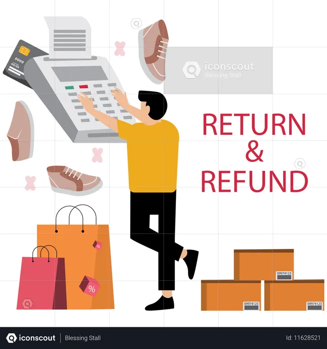 Un homme montre le processus de retour et de remboursement  Illustration