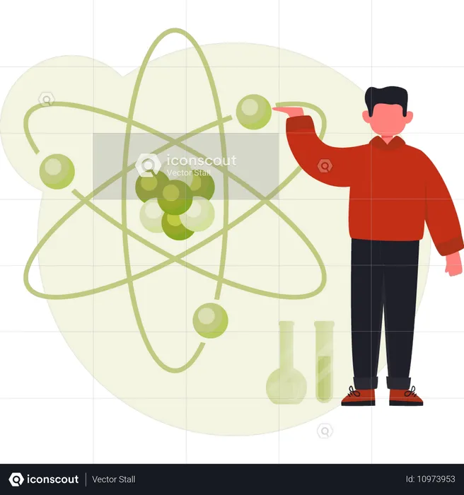 Homme montrant la structure atomique d'une molécule  Illustration