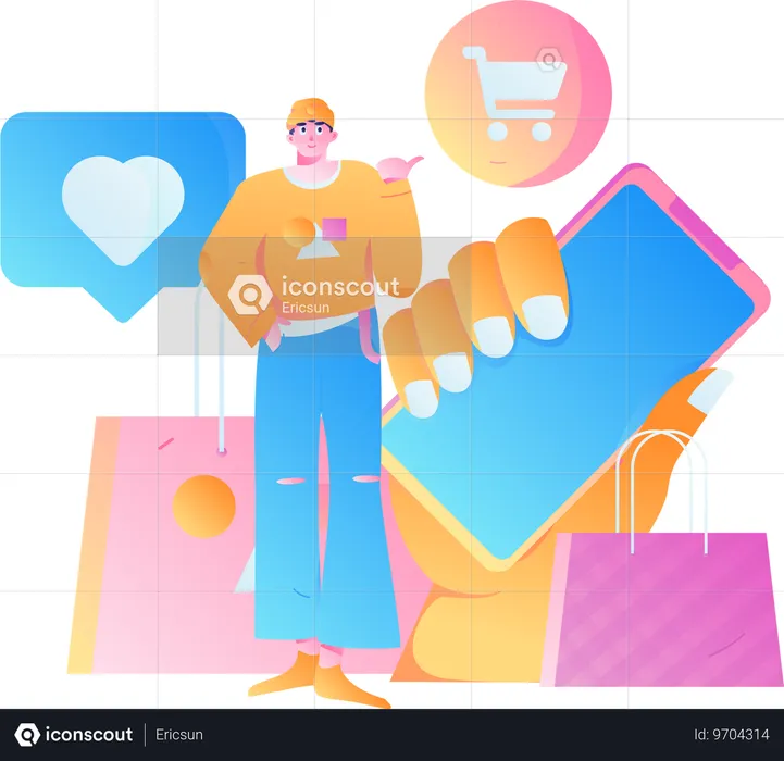 Homme montrant faire du shopping sur une application mobile  Illustration