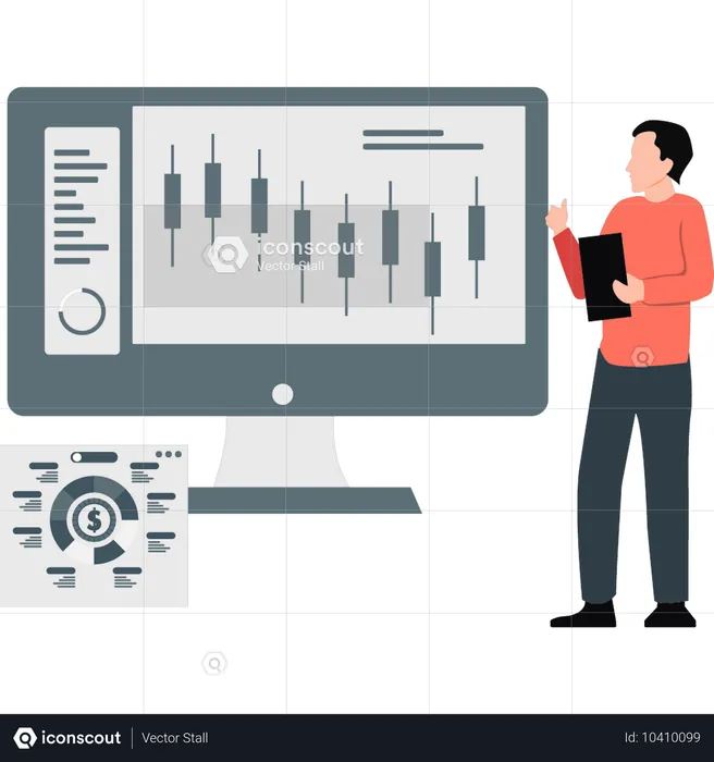 Un homme montre un graphique d'investissement en actions  Illustration