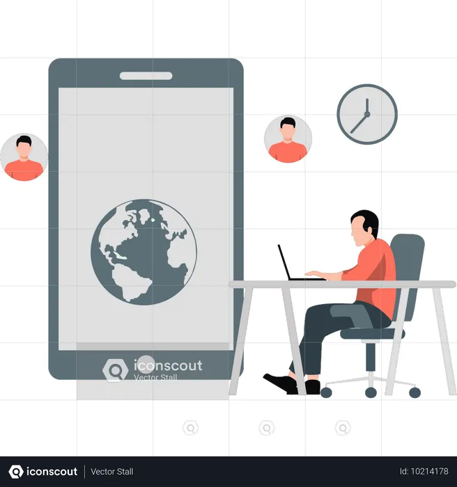 Un homme montre une entreprise en ligne sur son mobile  Illustration