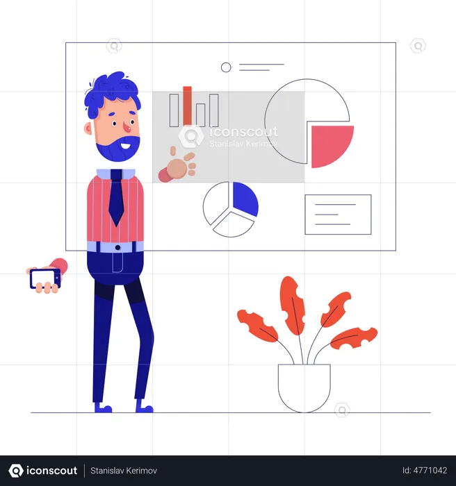 L'homme montre des graphiques avec des statistiques de projet  Illustration