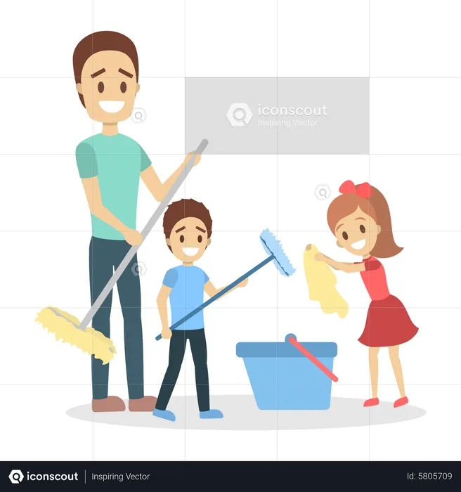 L'homme nettoie la maison et fait le ménage avec les enfants  Illustration