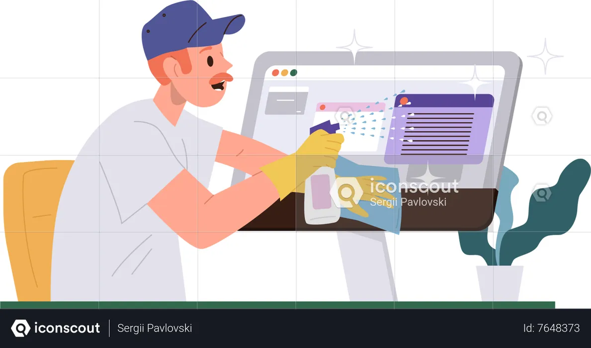 Nettoyeur masculin engagé dans le processus d'assurance qualité des logiciels PC  Illustration