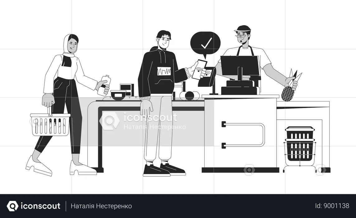 Paiement sans contact Man NFC à la caisse  Illustration