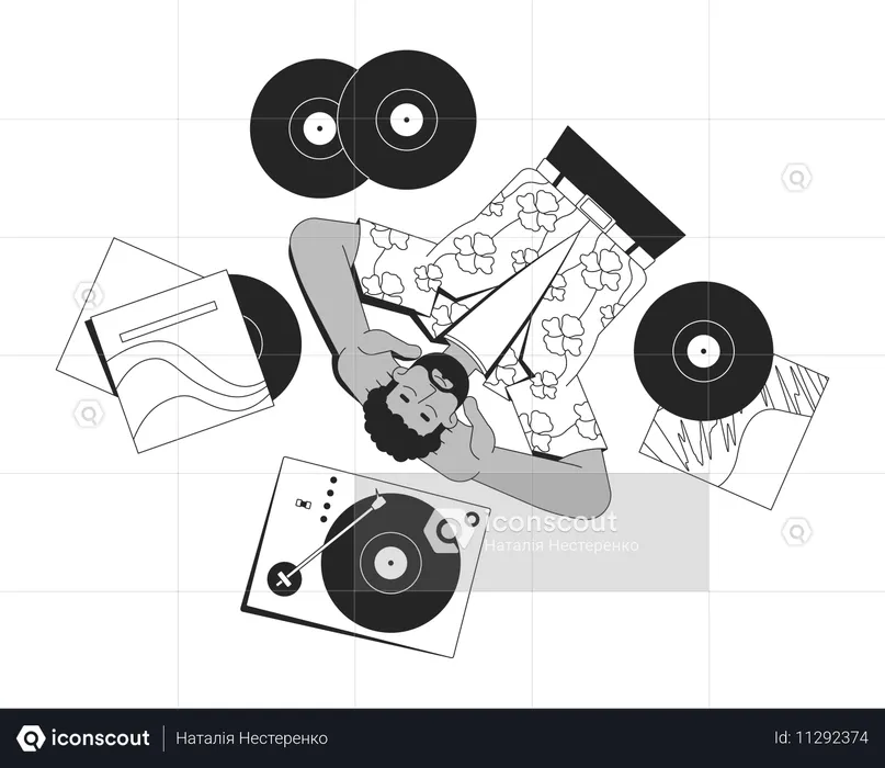 Homme noir rétro écoutant des disques vinyles sur une platine  Illustration