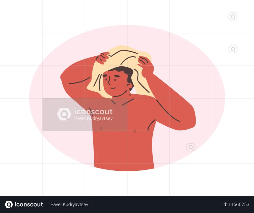 Homme nu séchant ses cheveux mouillés avec une serviette  Illustration