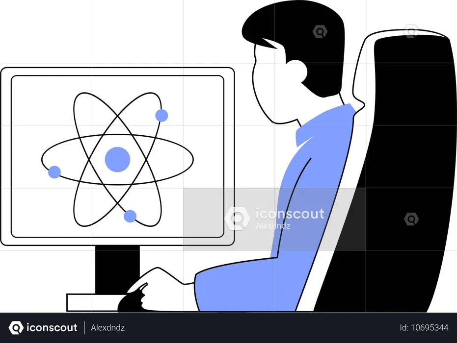 Un homme observe la structure d'un atome  Illustration