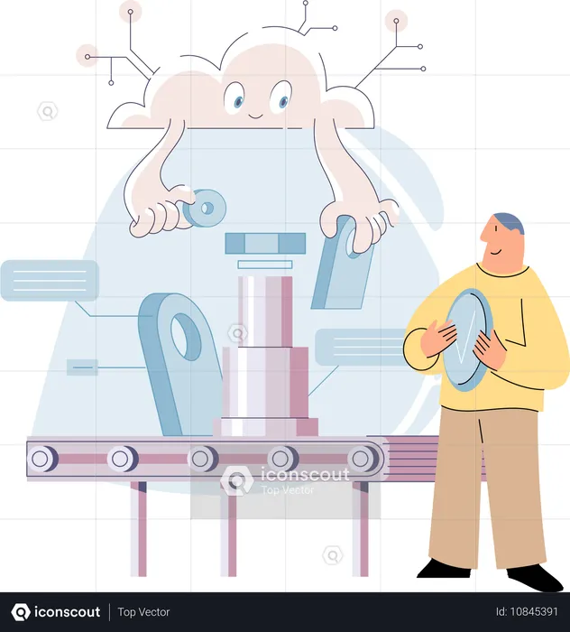 Un homme regarde un convoyeur industriel avec un robot en fonctionnement  Illustration