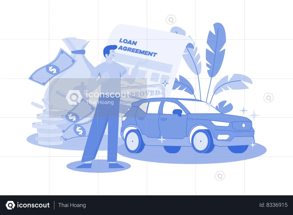 Un homme obtient l'approbation d'un prêt automobile  Illustration