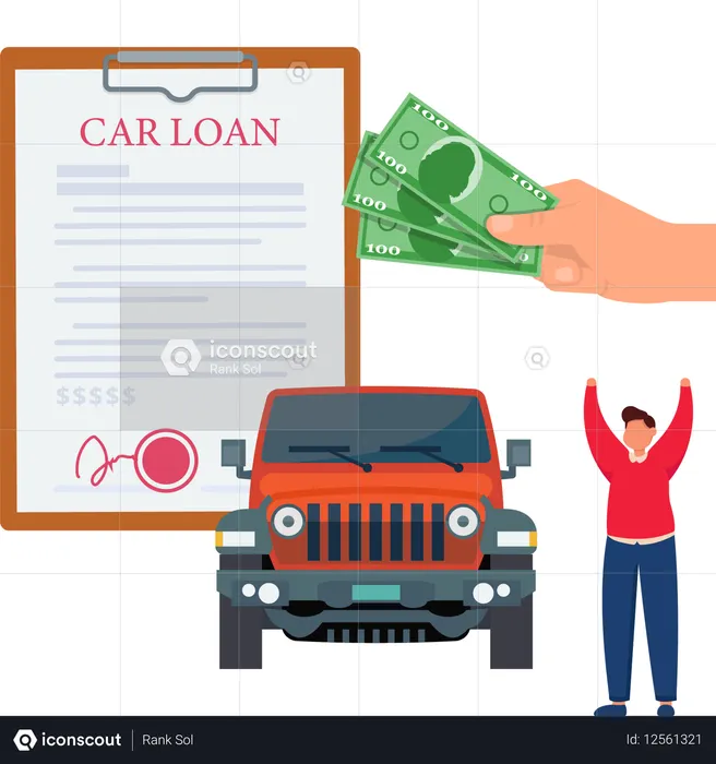 Un homme obtient l’approbation d’un prêt automobile  Illustration