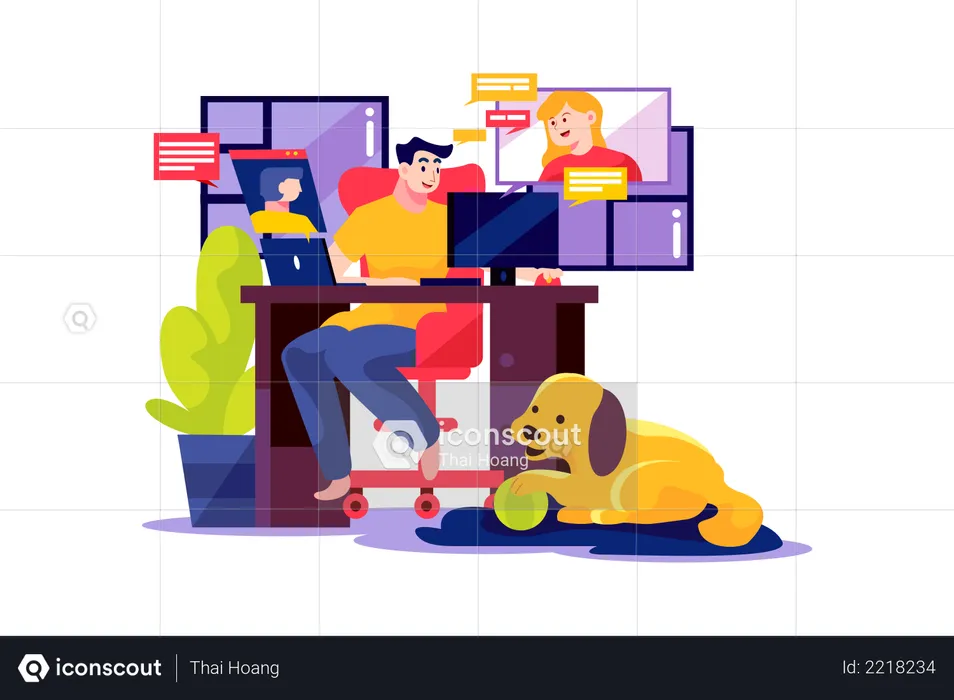 L'homme ouvre la réunion en ligne avec son équipe à la maison  Illustration