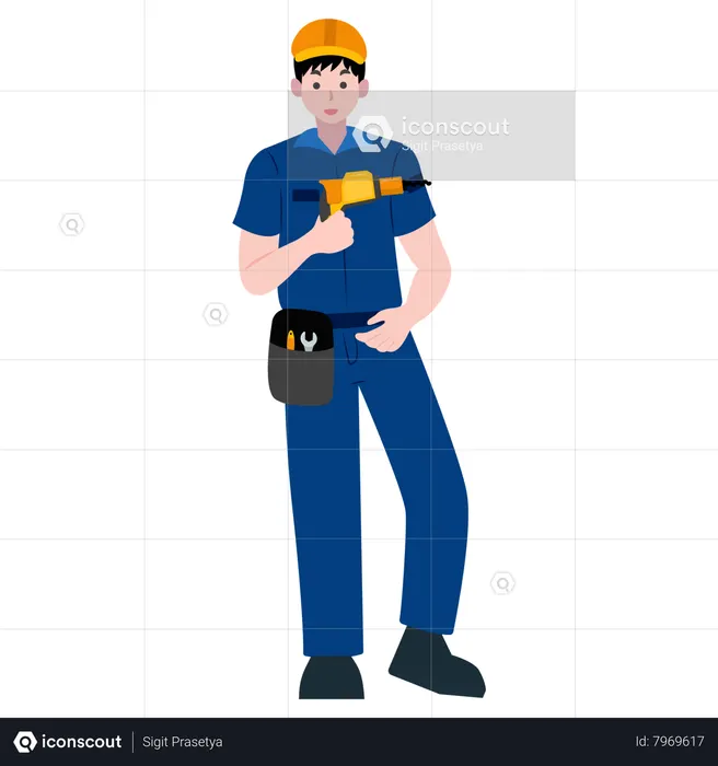 Travailleur de la construction masculin tenant une perceuse  Illustration